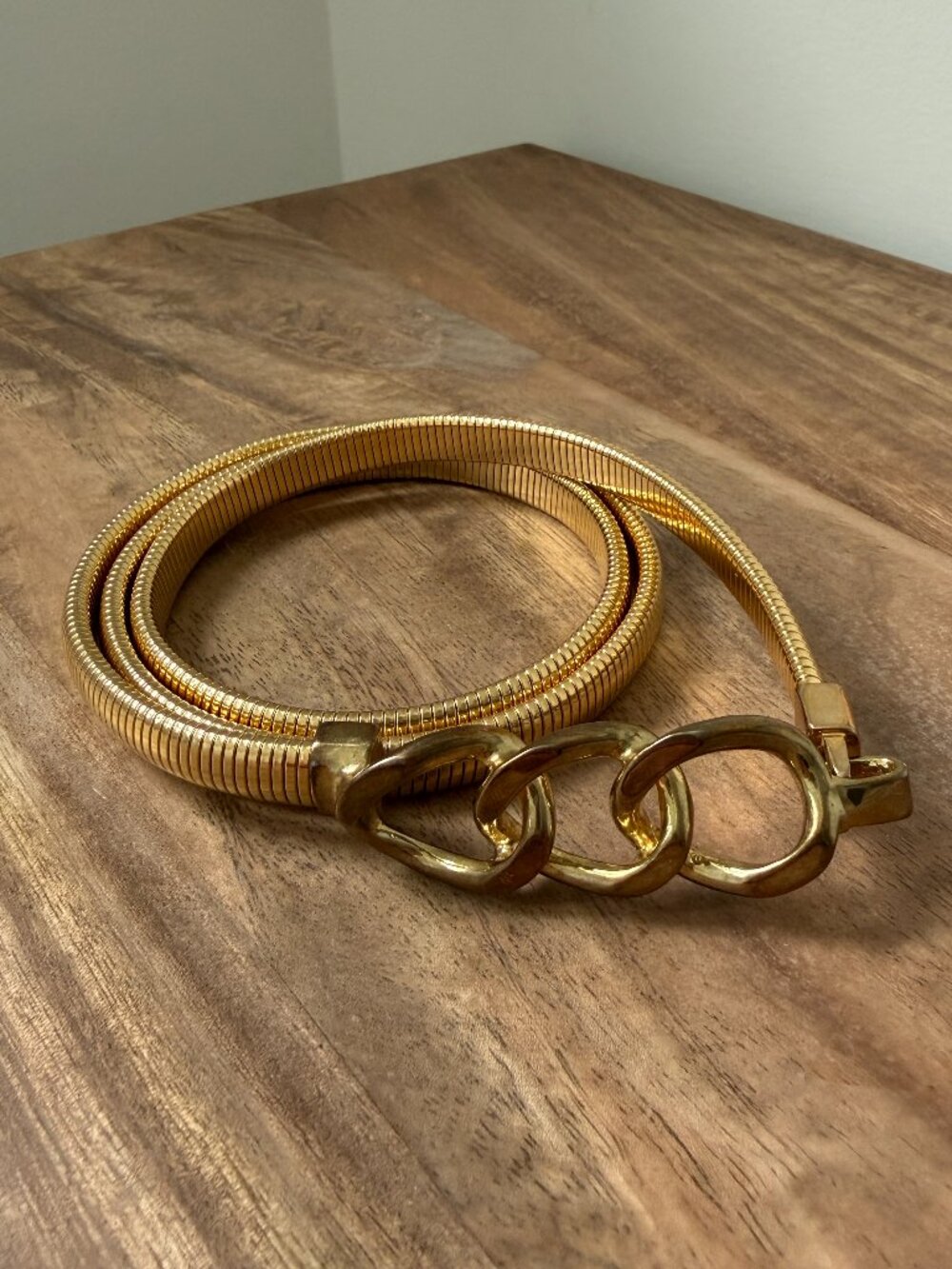 Vintage Gold Snake Chain Stretch Belt with Triple Interlocking Buckle